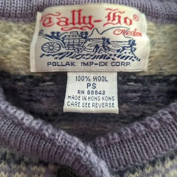 Tally Ho vintage Fair Isle purple cream silver snowflake wool sweater cardigan - Picture 4 of 4